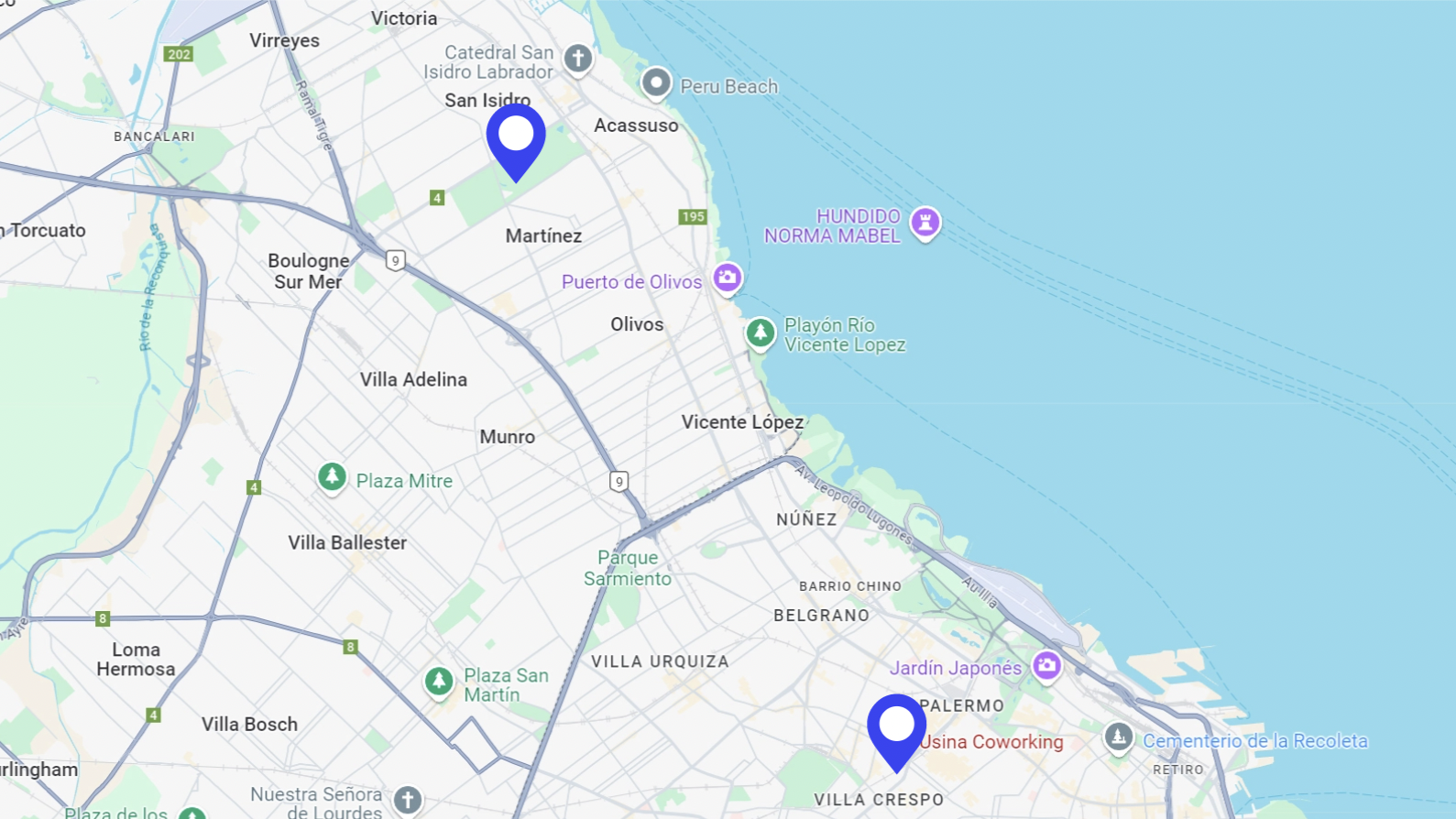 Mapa de ubicaciones Usina Cowork - Chacarita y San Isidro, Buenos Aires